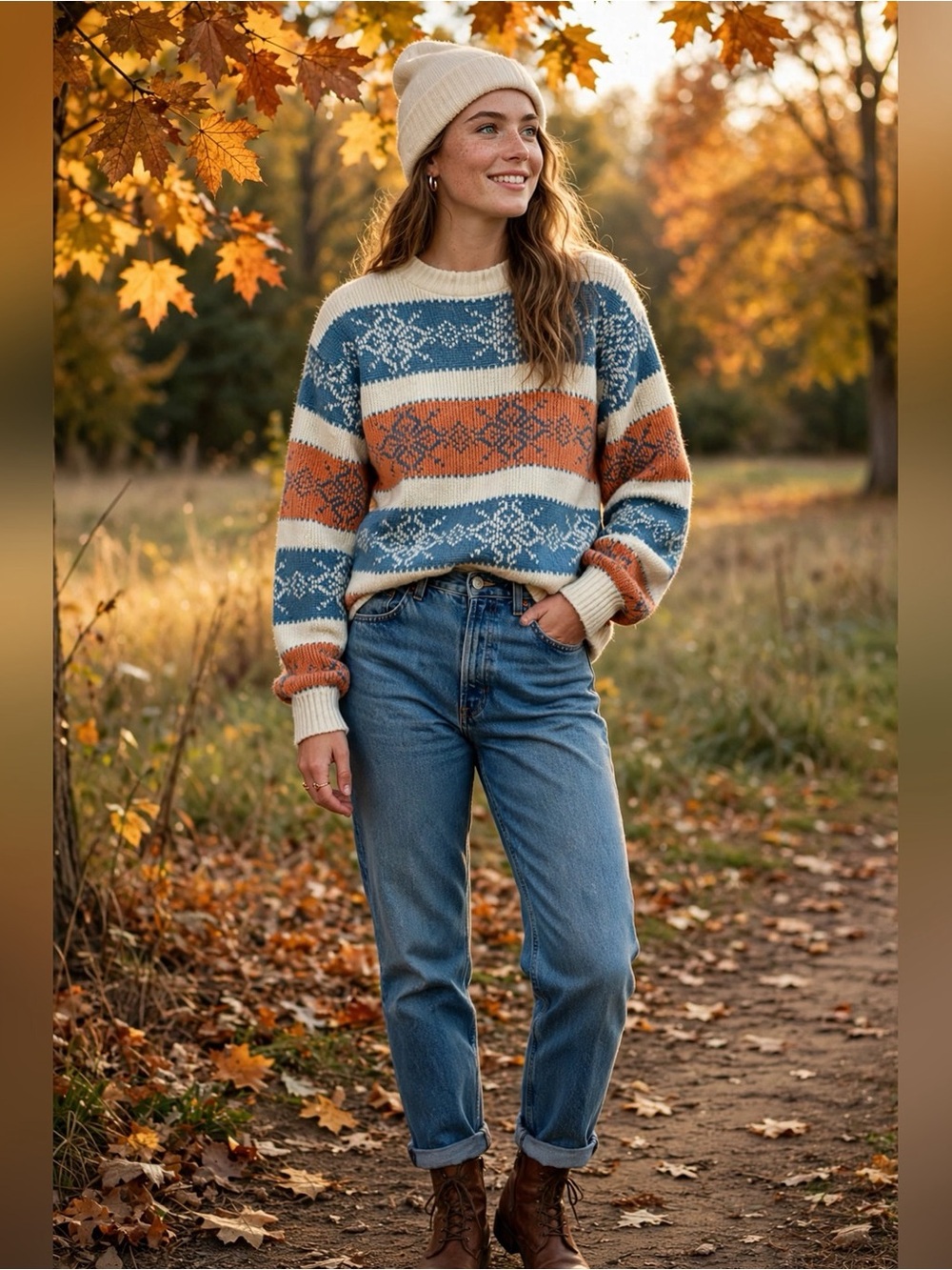 VINTAGE 80S FAIR ISLE NORDIC CREWNECK SWEATER L 42/44 BLUE RUST CREAM GRANDPA
